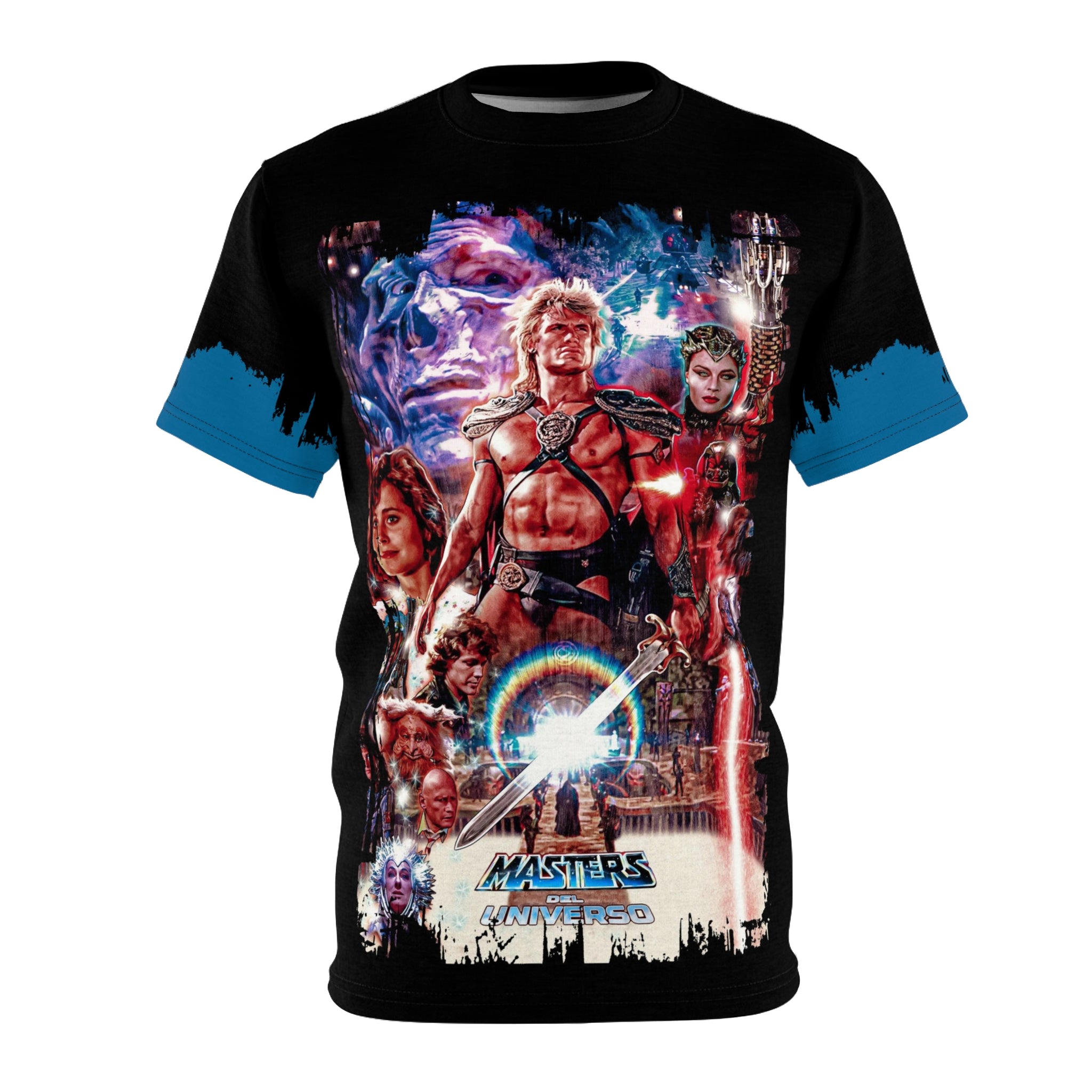 Masters of the Universe t-shirt with He-Man, Skeletor, and Evil-Lyn art, featuring a teal trim collar and sleeve cuffs.