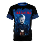 Hellraiser t-shirt with Pinhead holding a glowing puzzle box, red movie logo, and blue trim collar and sleeves.