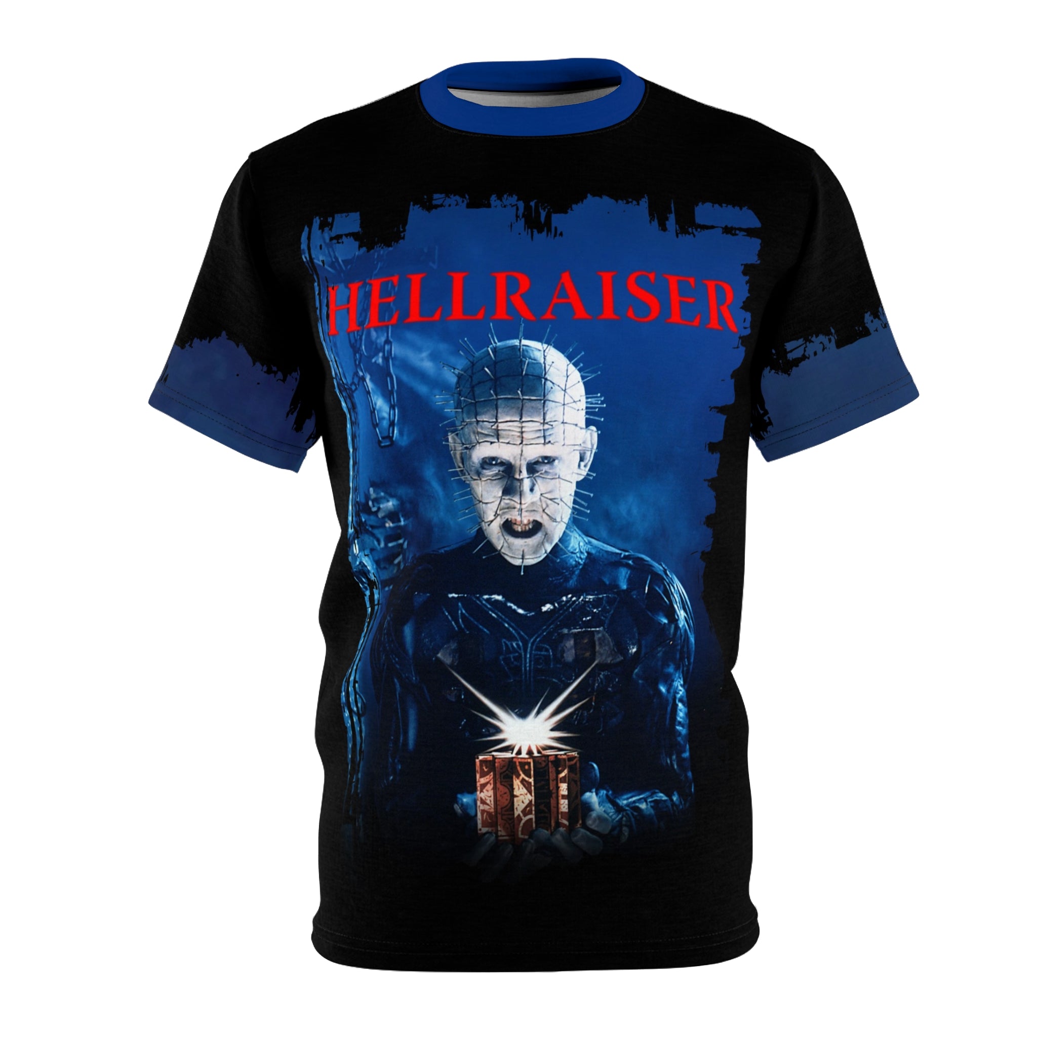 Hellraiser t-shirt with Pinhead holding a glowing puzzle box, red movie logo, and blue trim collar and sleeves.