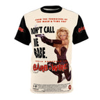 T-shirt with 'Barb Wire' movie poster design featuring a woman holding a gun.