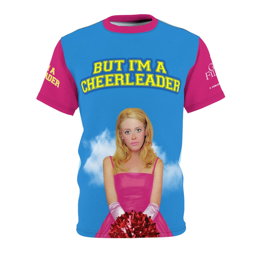 Megan and Graham But I'm a Cheerleader movie t-shirt with pink checkered sleeves and vintage 90s satire film graphics.
