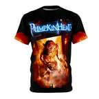 A black t-shirt featuring a large, vibrant graphic of the Pumpkinhead demon emerging from a fiery orange background, with the "Pumpkinhead" movie logo in blue neon text.