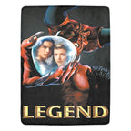 Blanket with 'Legend' movie poster design featuring a creature holding two people in a crystal ball.