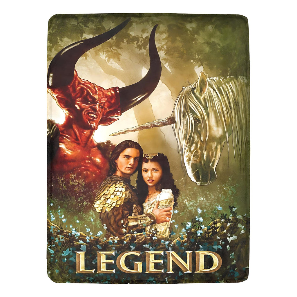 Blanket with 'Legend' design featuring a woman, a horse, and a bull in a fantasy setting.