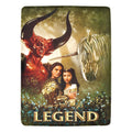Blanket with 'Legend' design featuring a woman, a horse, and a bull in a fantasy setting.
