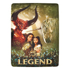 Blanket with 'Legend' design featuring a woman, a horse, and a bull in a fantasy setting.