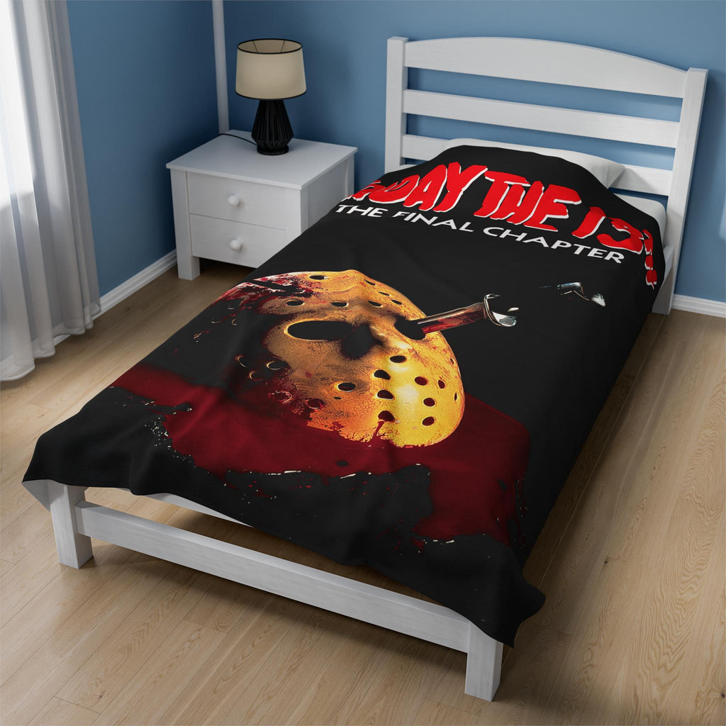 Bed with 'Friday the 13th' themed bedding in a bedroom setting.
