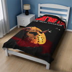 Bed with 'Friday the 13th' themed bedding in a bedroom setting.