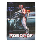RoboCop-themed blanket with robot character and police car on a dark background
