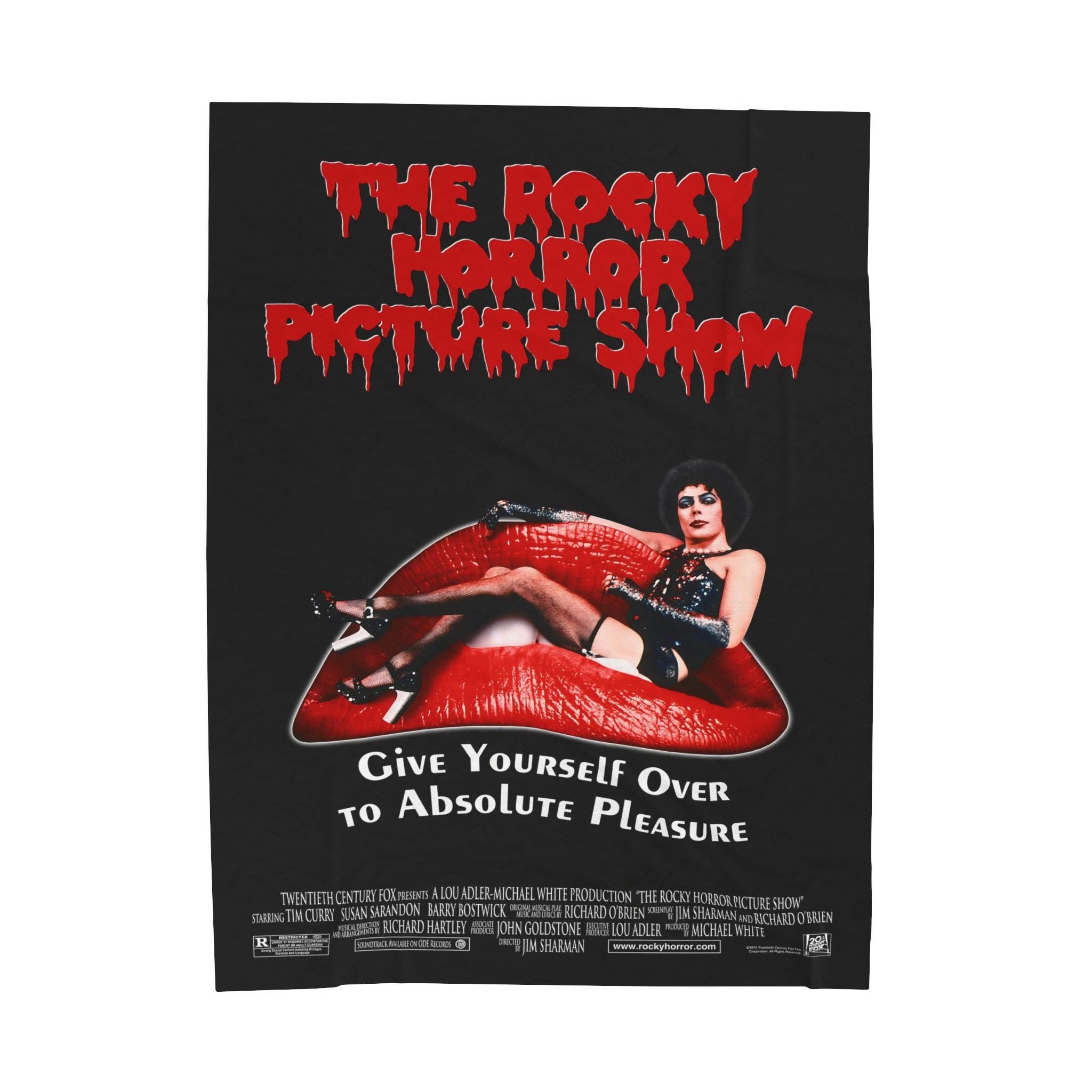 Black flannel blanket featuring The Rocky Horror Picture Show 1975 movie poster art with Dr. Frank-N-Furter lounging on giant red lips.