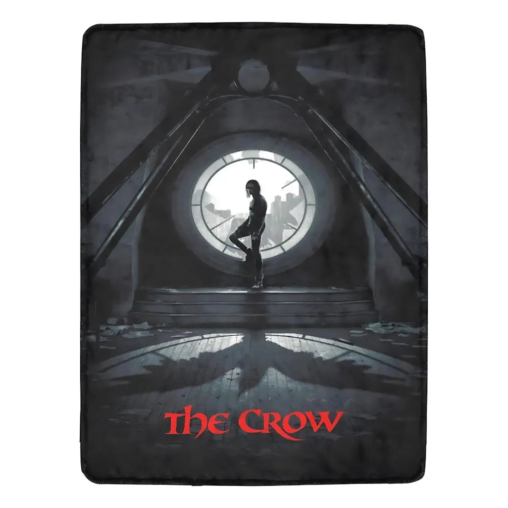 Fleece blanket with 'The Crow' design featuring a silhouette of a person and the movie title.
