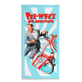 Pee-wee’s Big Adventure beach towel with Pee-wee Herman on his red bicycle over a blue and white sunburst background.