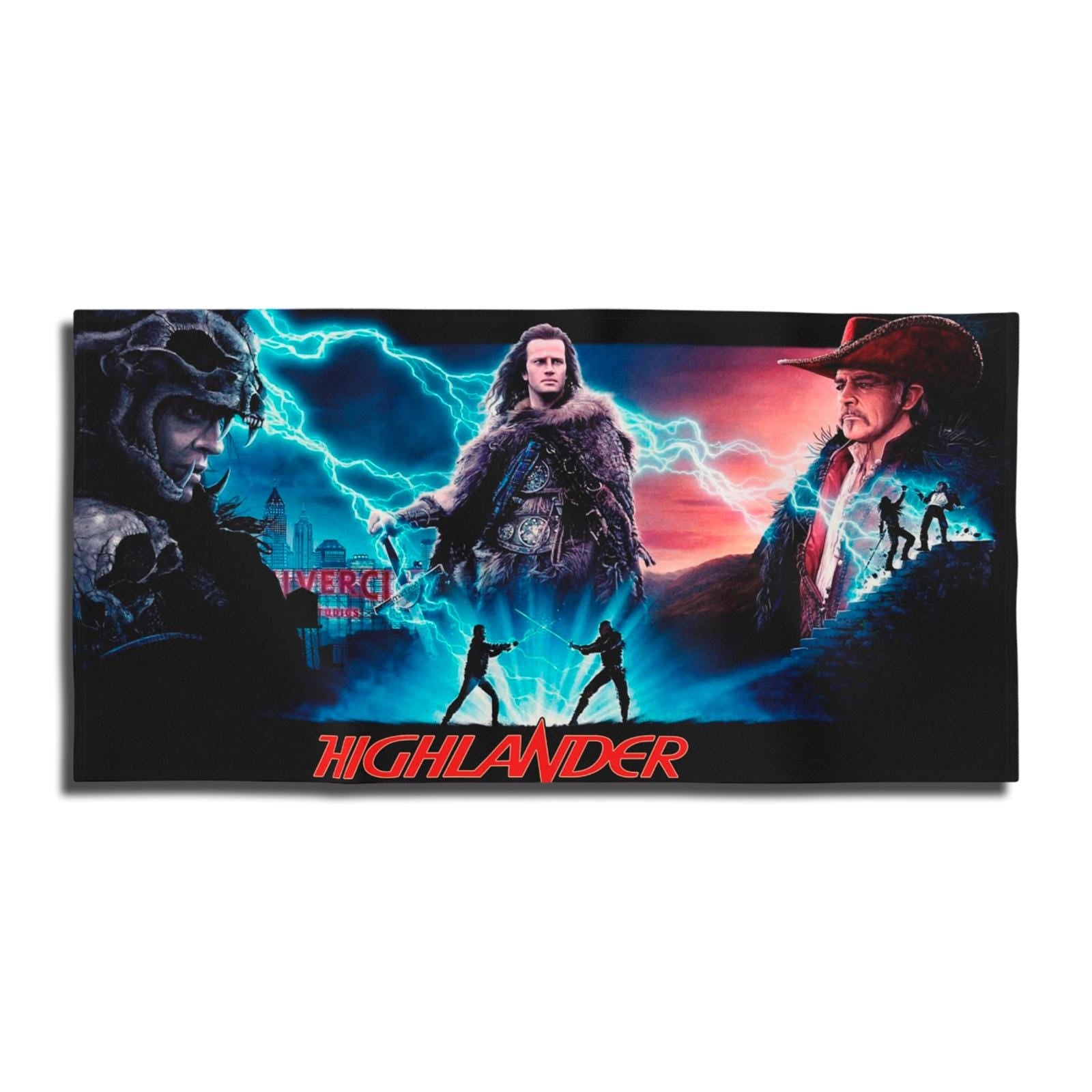 Vibrant beach towel featuring the Highlander 1986 movie poster art with Connor MacLeod, Ramírez, and the Kurgan surrounded by blue lightning.
