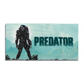 Predator 1987 movie beach towel with Yautja hunter art, red laser sight, and teal typography, 80/20 poly-cotton blend.