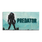 Predator 1987 movie beach towel with Yautja hunter art, red laser sight, and teal typography, 80/20 poly-cotton blend.