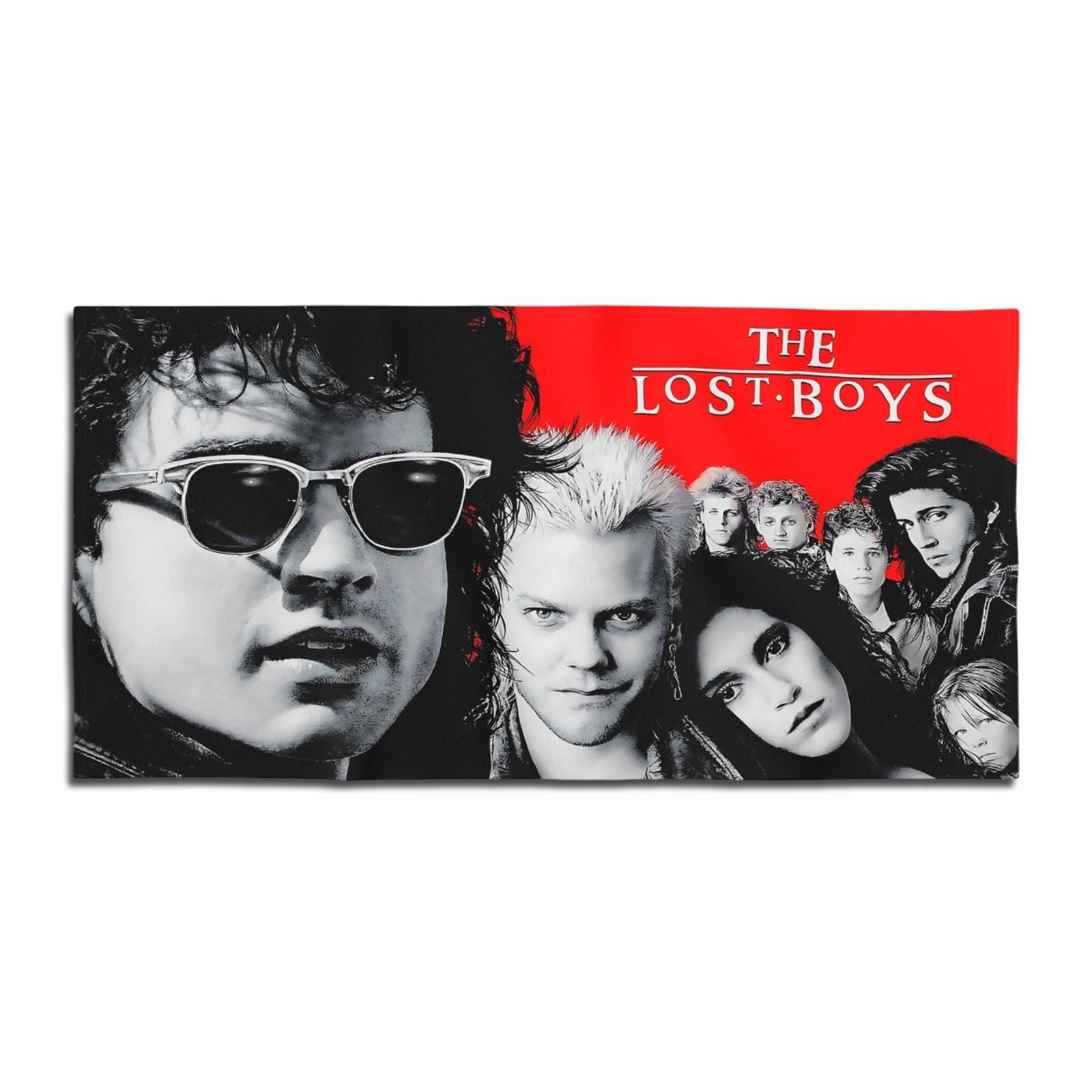 The Lost Boys beach towel featuring David and the vampire gang art with red and black movie logo.