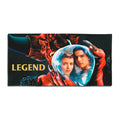 Legend 1985 movie beach towel featuring the Lord of Darkness, Jack, and Princess Lili in a crystal ball with gold "LEGEND" text.