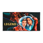 Legend 1985 movie beach towel featuring the Lord of Darkness, Jack, and Princess Lili in a crystal ball with gold "LEGEND" text.