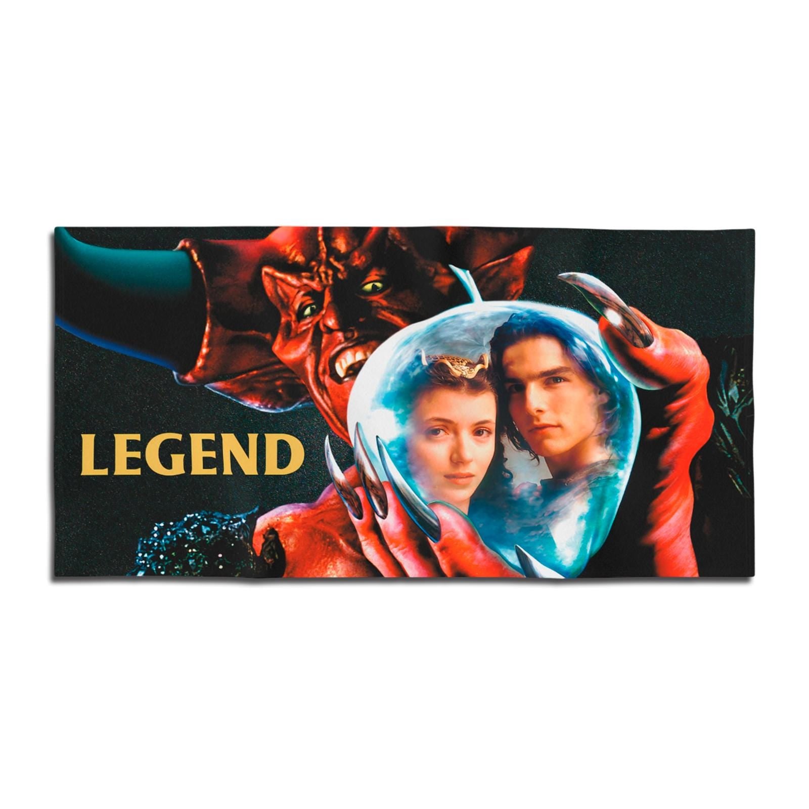 Legend 1985 movie beach towel featuring the Lord of Darkness, Jack, and Princess Lili in a crystal ball with gold "LEGEND" text.