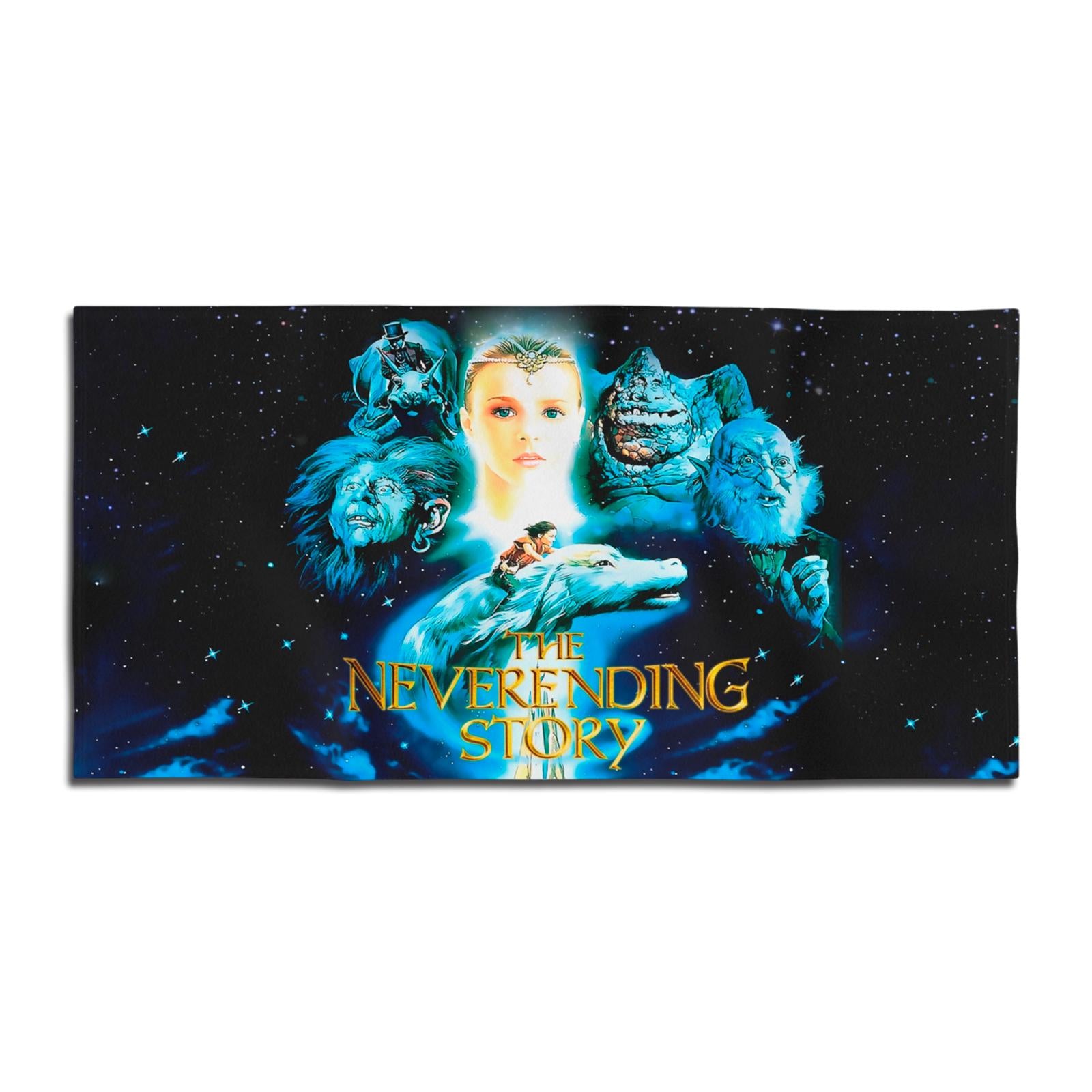 The Neverending Story beach towel with Falkor, Atreyu, and Childlike Empress art on a starry background.