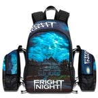Fright Night 1985 horror movie backpack with vintage poster art, laptop compartment, and blue all-over print design.