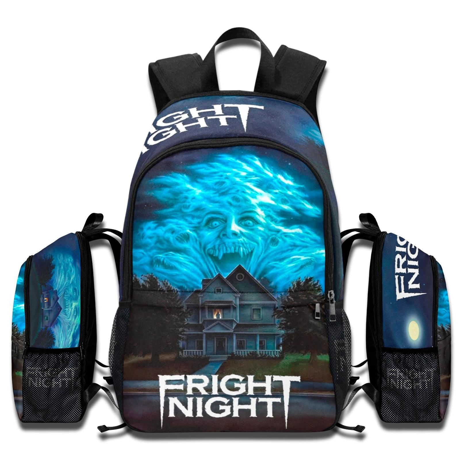 Fright Night 1985 horror movie backpack with vintage poster art, laptop compartment, and blue all-over print design.
