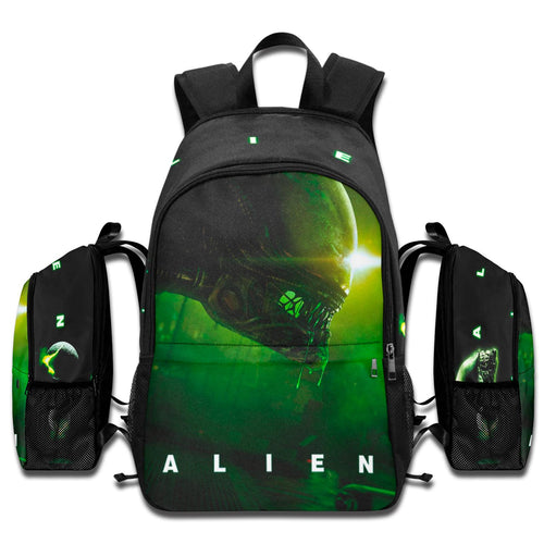 Alien 1979 movie backpack with Xenomorph neon green art, laptop compartment, and 1200D waterproof nylon design.