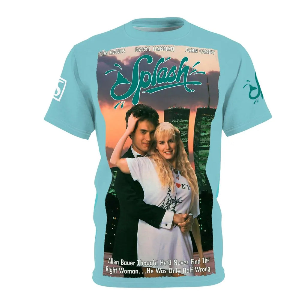 Light blue polyester t-shirt featuring a large, colorful print of the 1984 Splash movie poster with Tom Hanks hugging Daryl Hannah in front of the Twin Towers.