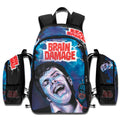 Brain Damage 1988 movie backpack with Elmer parasite art, blue lightning graphics, laptop sleeve, and 1200D nylon design.