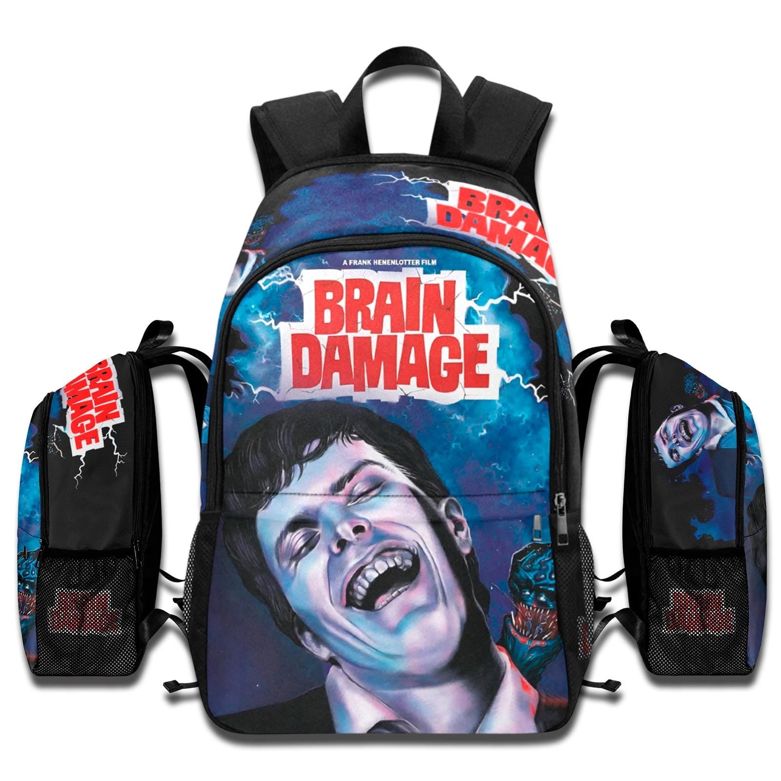 Brain Damage 1988 movie backpack with Elmer parasite art, blue lightning graphics, laptop sleeve, and 1200D nylon design.