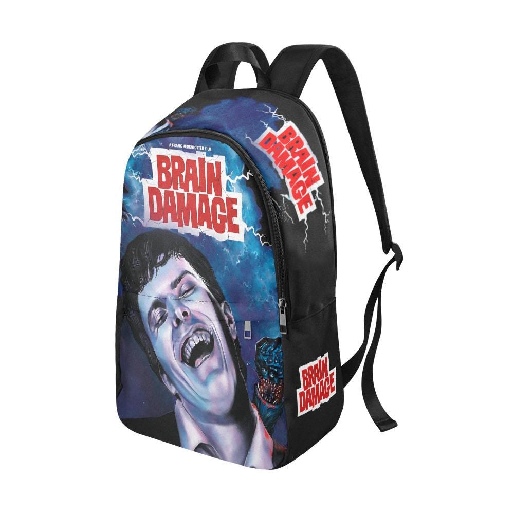 Backpack with 'Brain Damage' graphic design on a white background