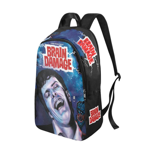 Backpack with 'Brain Damage' graphic design on a white background
