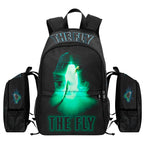 The Fly 1986 movie backpack with glowing green Telepod art, housefly graphics, laptop sleeve, and 1200D nylon design.
