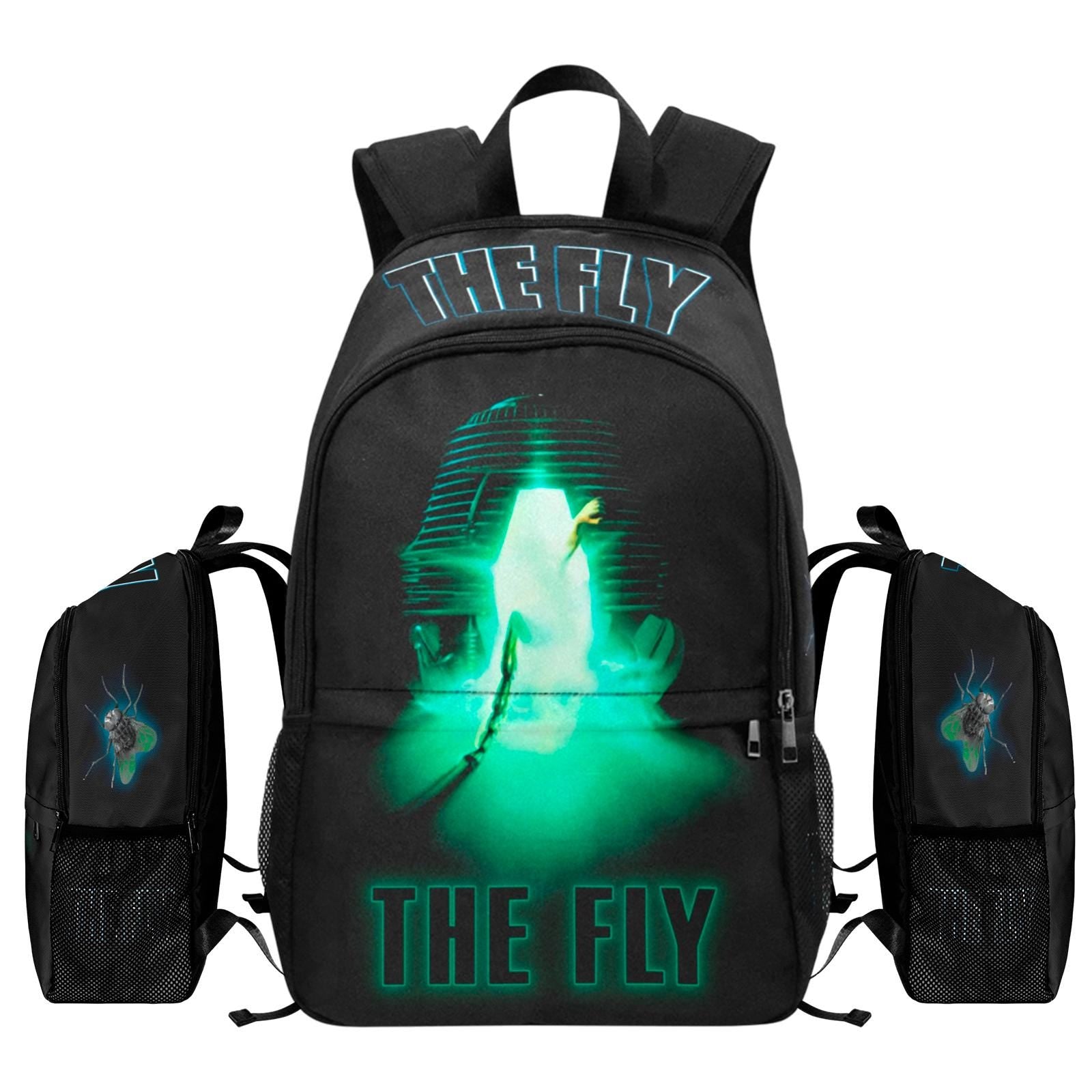 The Fly 1986 movie backpack with glowing green Telepod art, housefly graphics, laptop sleeve, and 1200D nylon design.