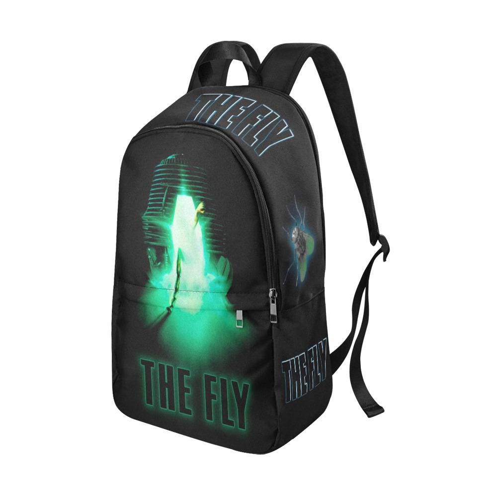 Black backpack with 'The Fly' graphic design on a white background
