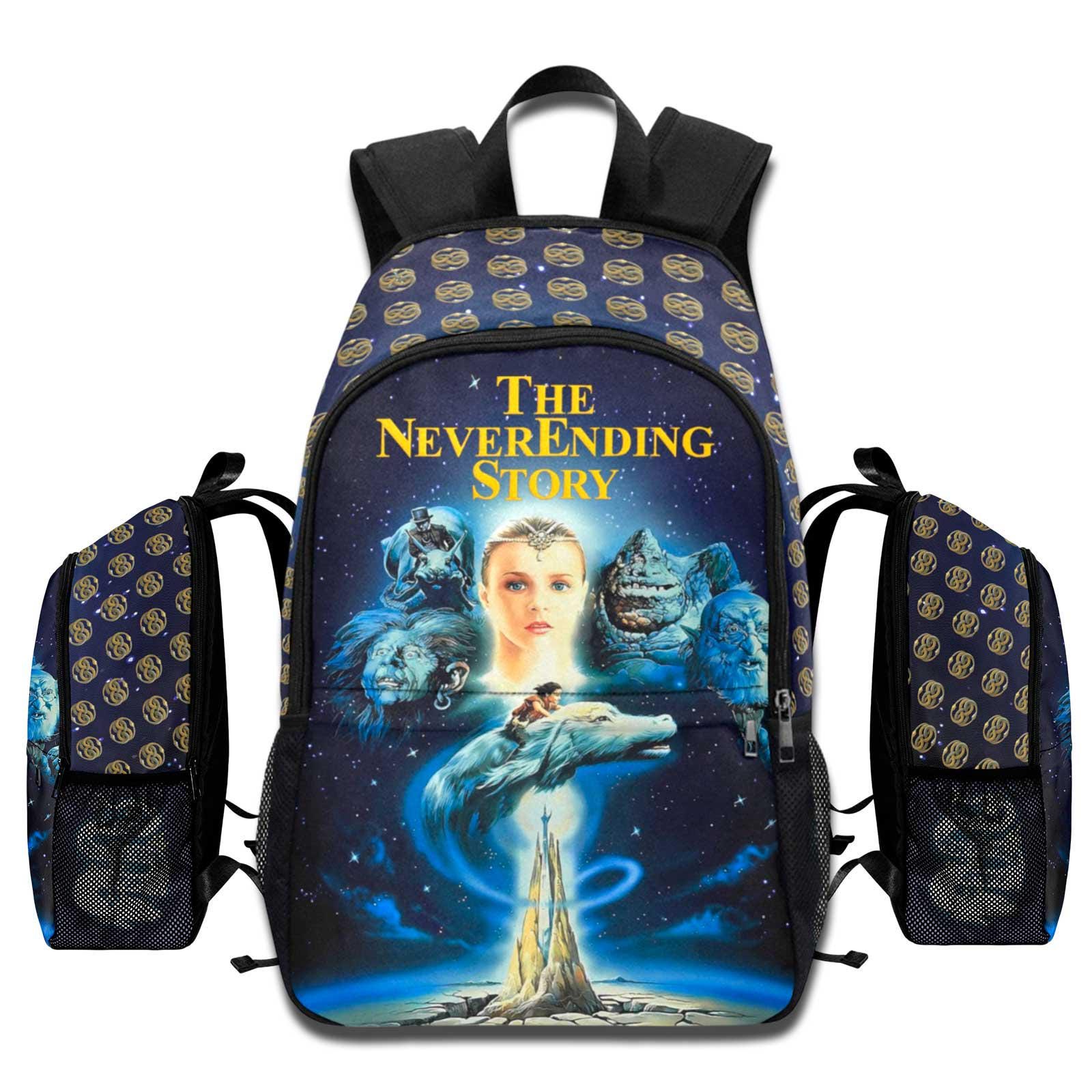 The NeverEnding Story 1984 movie backpack with Falkor and Auryn art, laptop compartment, and 1200D nylon design.