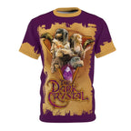 The Dark Crystal t-shirt featuring Jen, Kira, and Skeksis with a gold trim collar and purple background art.