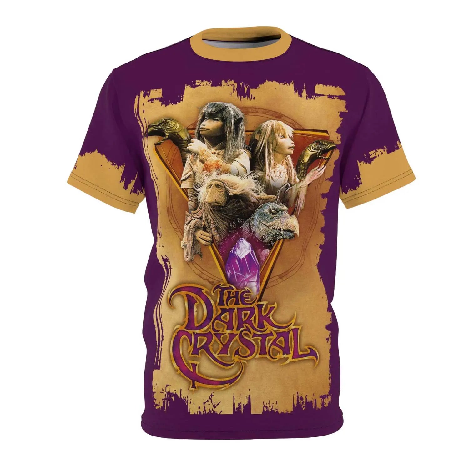 The Dark Crystal t-shirt featuring Jen, Kira, and Skeksis with a gold trim collar and purple background art.