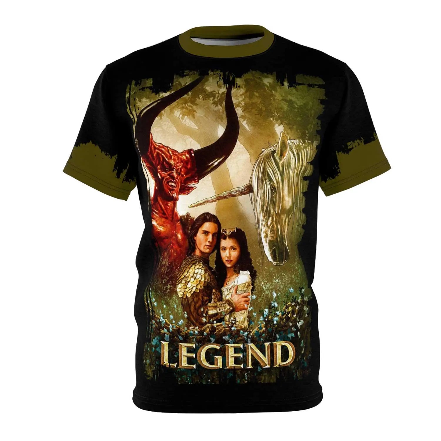 Legend 1985 movie t-shirt with Lord of Darkness, Jack, and Princess Lili all-over print and olive green trim.