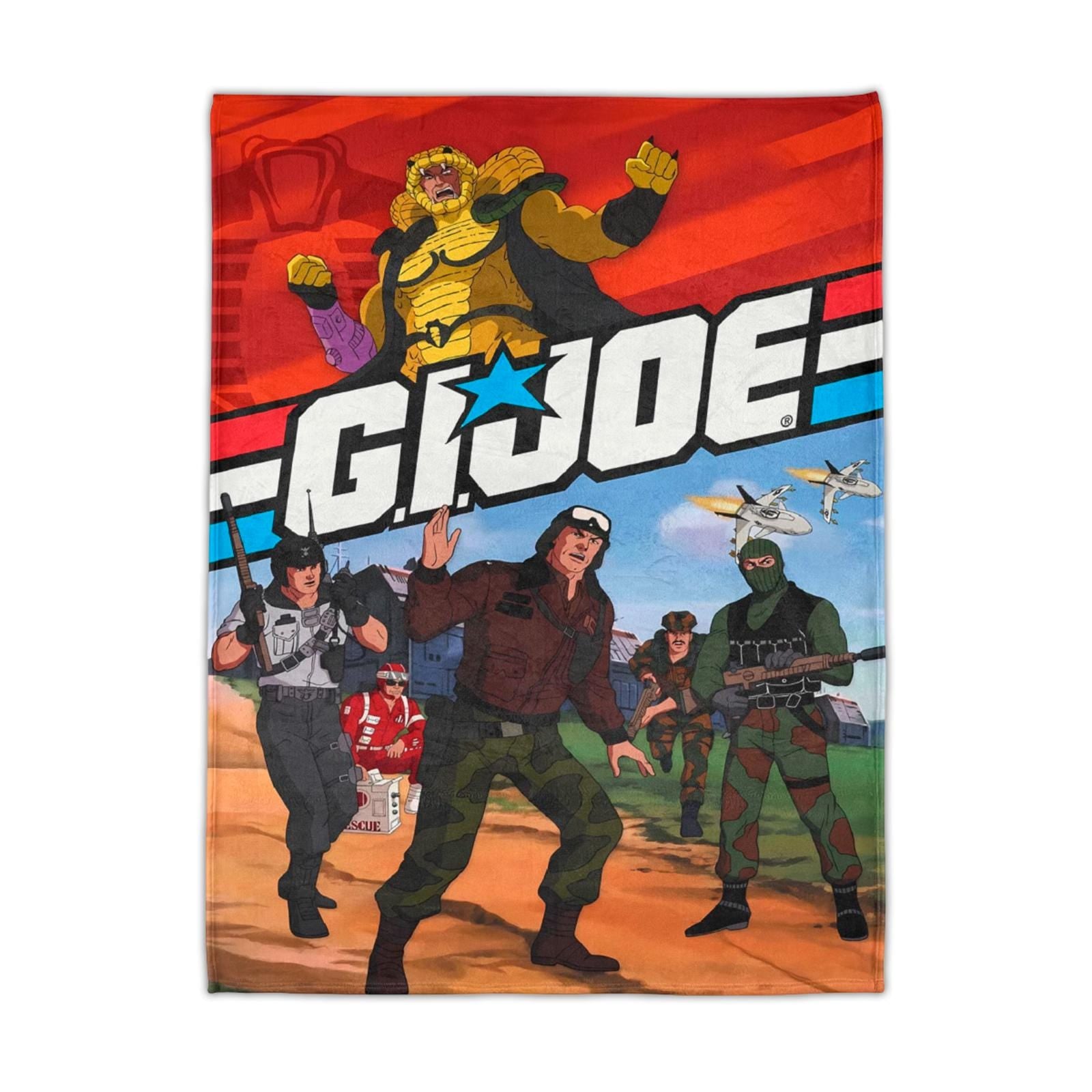 G.I. Joe blanket with characters and logo on a white background
