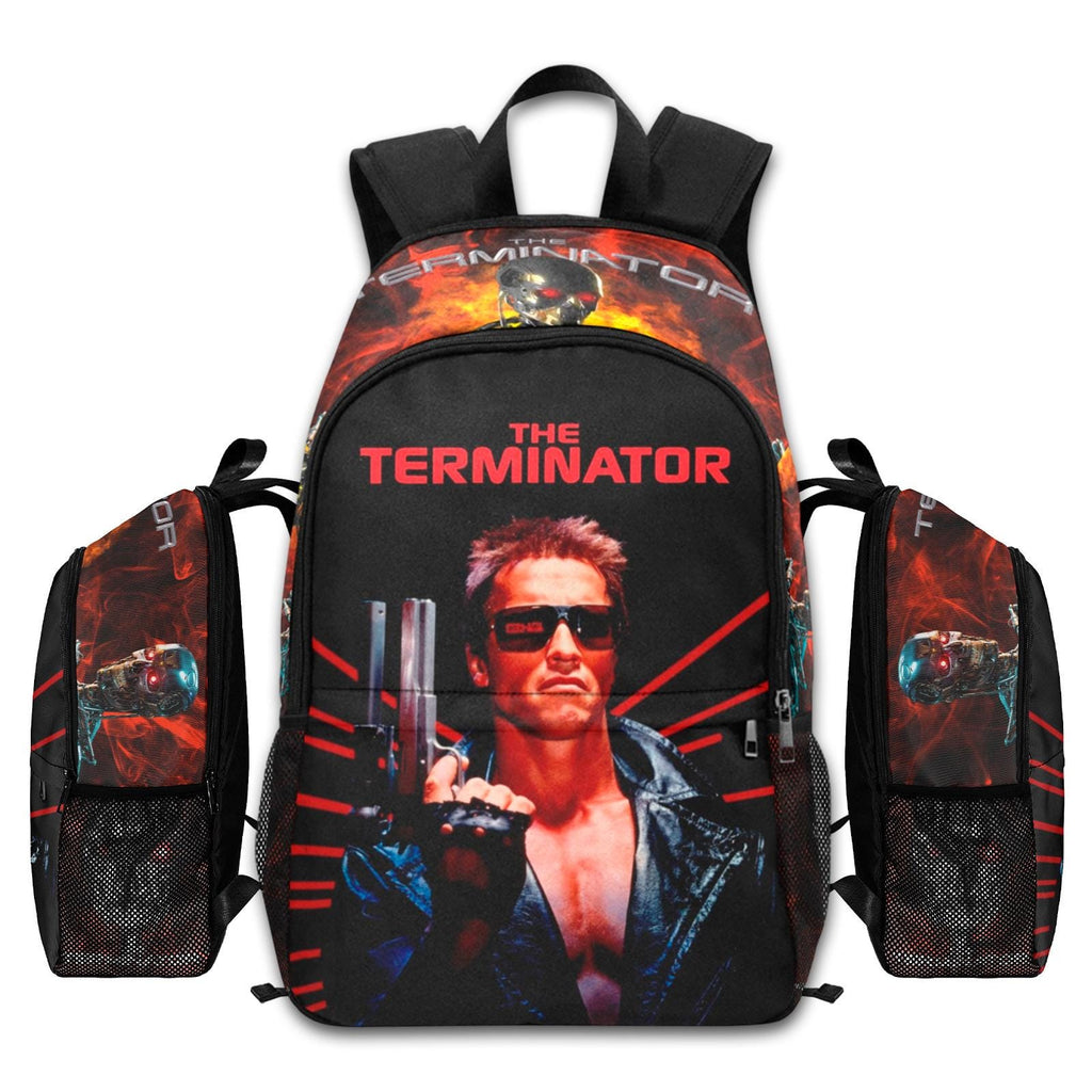 The Terminator 1984 movie backpack with T-800 Arnold Schwarzenegger art, laptop sleeve, and 1200D nylon design.