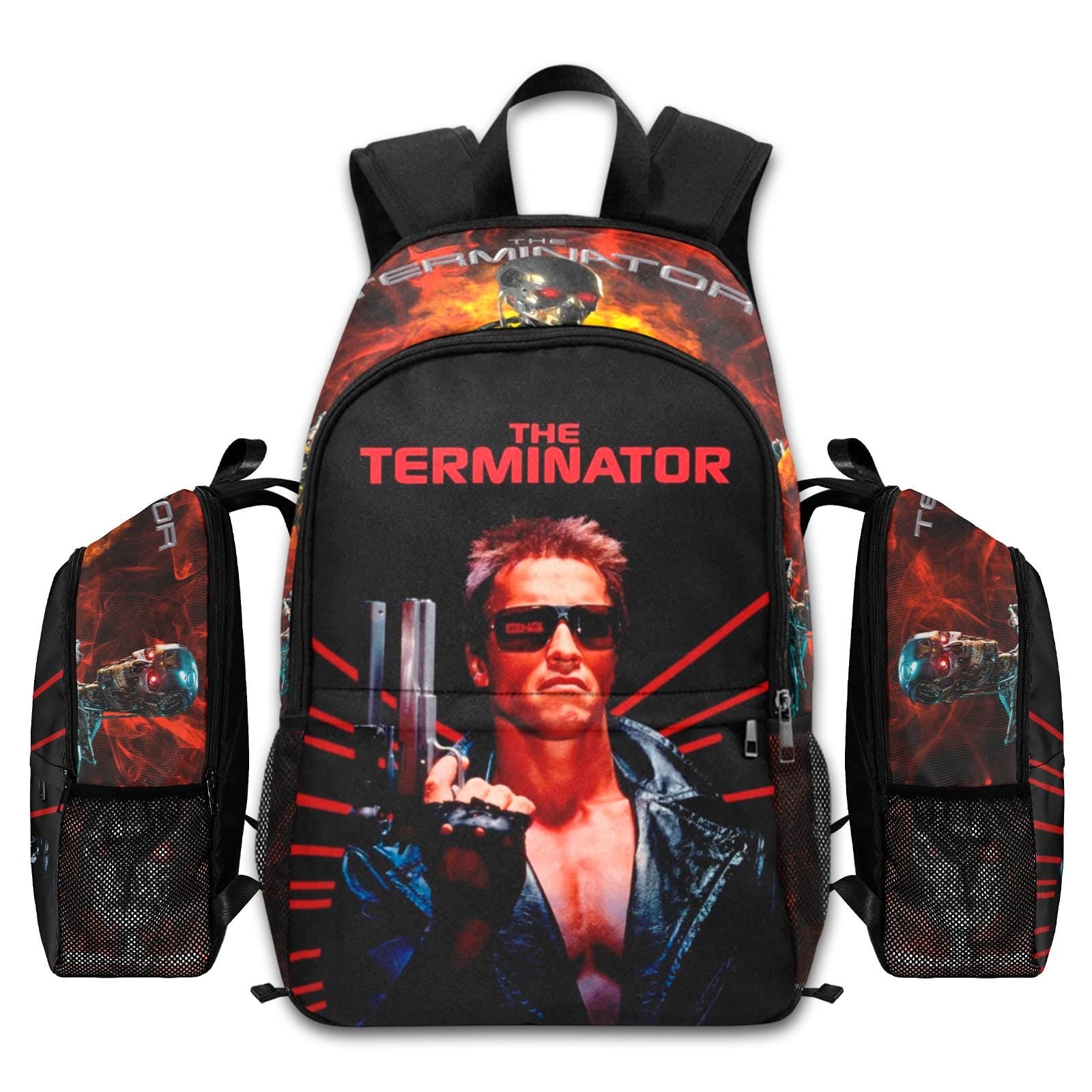 The Terminator 1984 movie backpack with T-800 Arnold Schwarzenegger art, laptop sleeve, and 1200D nylon design.