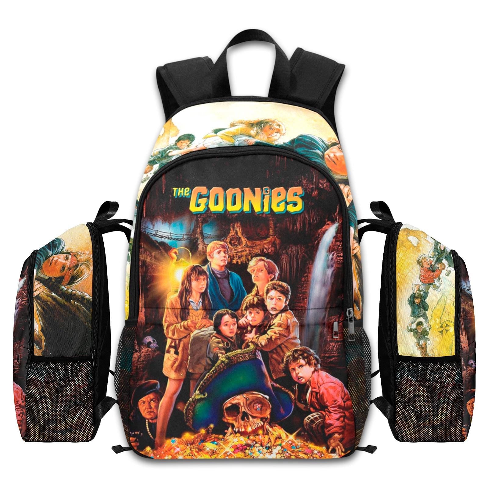 The Goonies 1985 movie backpack with One-Eyed Willy poster art, laptop compartment, and 1200D nylon design.