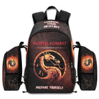Mortal Kombat 1995 movie backpack with fiery dragon logo, "Choose Your Destiny" text, laptop sleeve, and 1200D nylon.