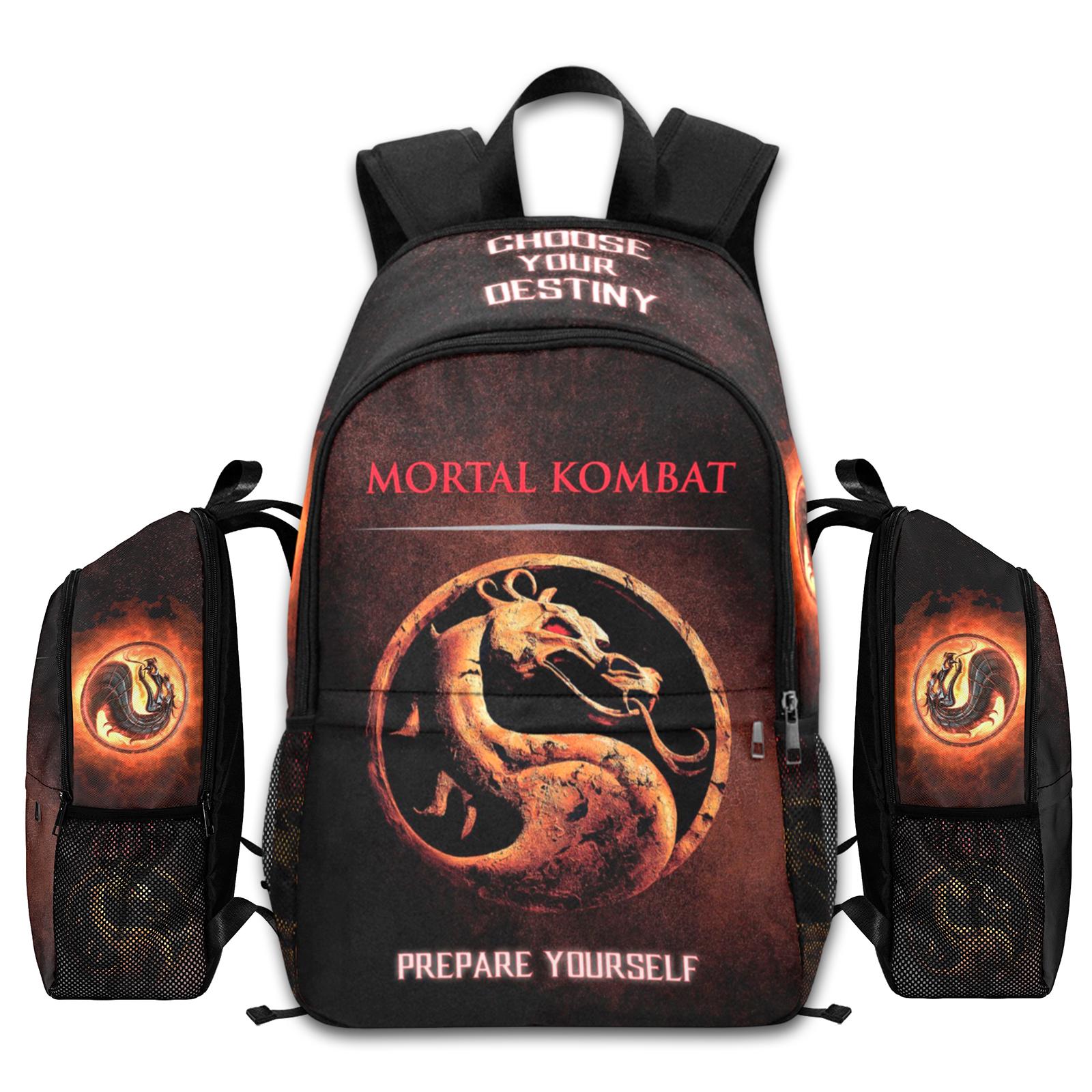 Mortal Kombat 1995 movie backpack with fiery dragon logo, "Choose Your Destiny" text, laptop sleeve, and 1200D nylon.