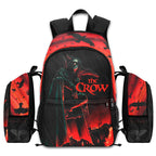 The Crow 1994 movie backpack with Eric Draven gothic art, burning city skyline, laptop sleeve, and 1200D nylon design.