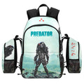 Predator 1987 movie backpack with Yautja jungle hunter art, red laser sights, laptop sleeve, and 1200D nylon design.
