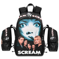 Scream 1996 movie backpack with Ghostface and Drew Barrymore poster art, laptop sleeve, and 1200D nylon design.