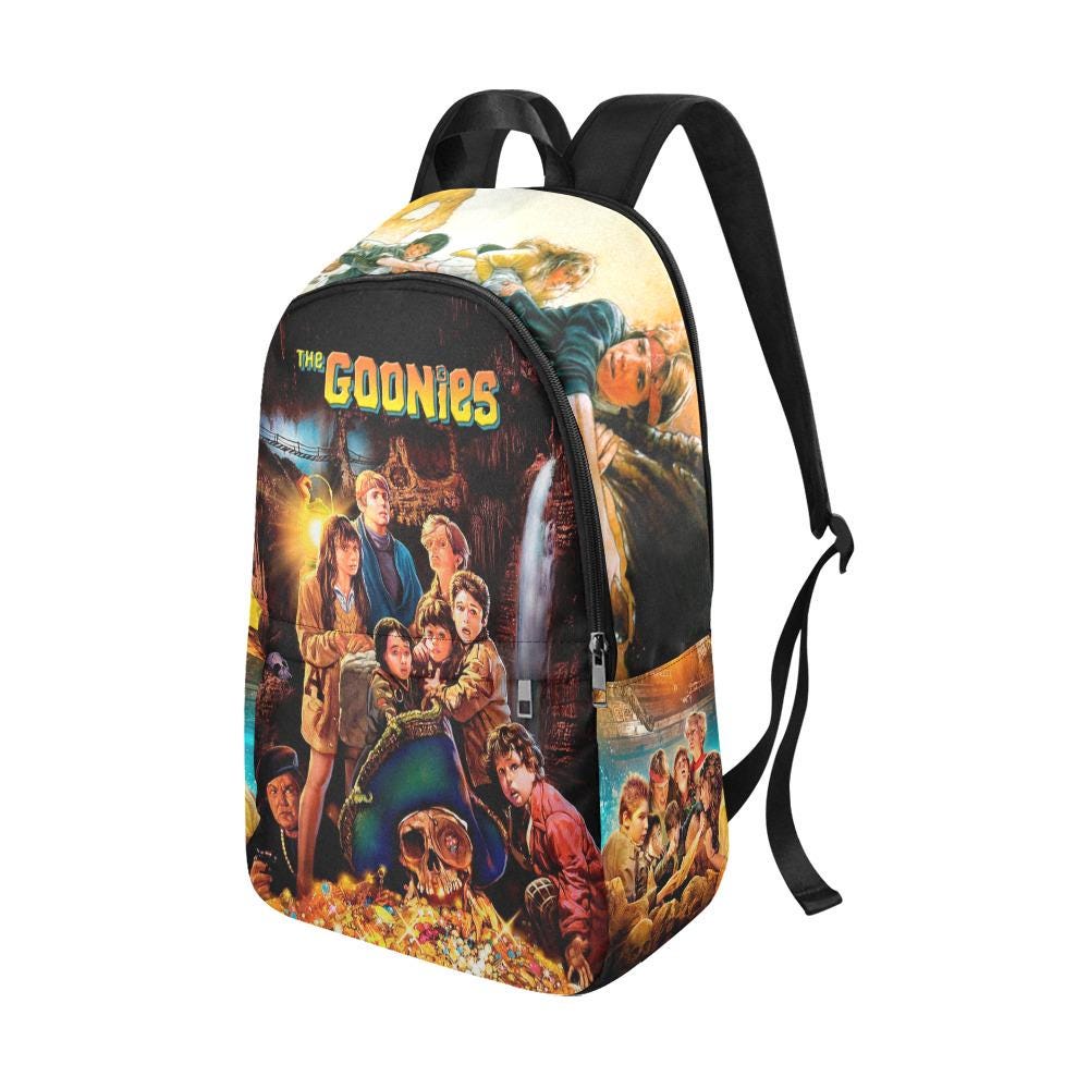 Backpack with 'The Goonies' movie poster design on a white background