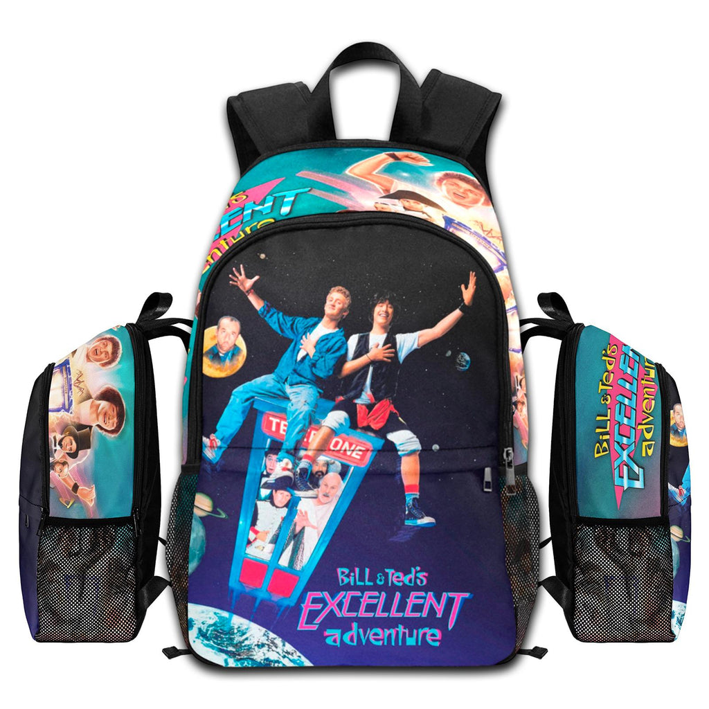 Bill & Ted's Excellent Adventure movie backpack with time travel booth art, laptop sleeve, and 1200D nylon design.